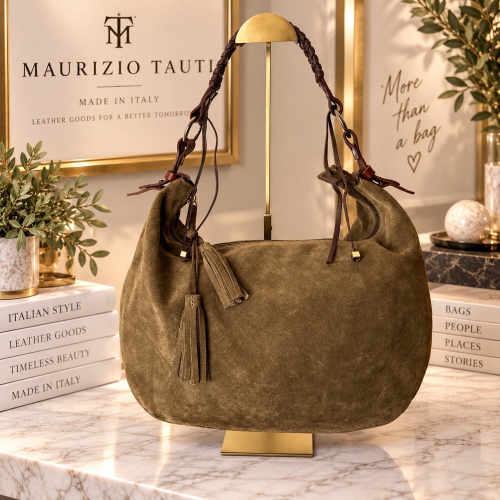 Maurizio Taiuti Green Olive Suede Leather Hobo Shoulder Bag Made in Italy Tassel